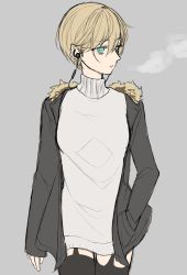 Rule 34 | 1girl, black thighhighs, blonde hair, blue eyes, breath, chisumi, dress, earphones, fur trim, grey background, grey sweater, hair between eyes, hand in pocket, highres, jacket, long sleeves, open clothes, open jacket, original, parted lips, short hair, simple background, sketch, solo, standing, sweater, sweater dress, thighhighs, walking