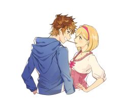 Rule 34 | 1boy, 1girl, :d, blonde hair, blue jacket, brown eyes, brown hair, couple, cropped torso, cunonn, djeeta (granblue fantasy), eye contact, from side, gran (granblue fantasy), granblue fantasy, grin, hairband, hetero, hood, hood down, hooded jacket, incoming pocky kiss, jacket, looking at another, open mouth, profile, red hairband, shirt, short hair, simple background, sketch, smile, white background, white shirt