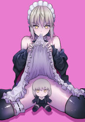 Rule 34 | 1girl, absurdres, apron, artoria pendragon (all), artoria pendragon (alter swimsuit rider) (fate), artoria pendragon (alter swimsuit rider) (second ascension) (fate), artoria pendragon (fate), bare shoulders, black jacket, black ribbon, black thighhighs, blonde hair, character doll, clothes in mouth, clothes lift, commentary, convenient censoring, english commentary, fate/grand order, fate (series), frilled apron, frills, fumo (doll), hair between eyes, highres, jacket, lifted by self, longdq3008, looking at viewer, maid, maid headdress, mouth hold, official alternate costume, pink background, ribbon, saber alter, saber alter (ver. shinjuku 1999) (fate), short hair, sidelocks, simple background, sitting, skirt, skirt in mouth, skirt lift, solo, sweat, thighhighs, white apron, yellow eyes