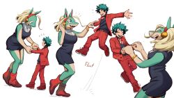Rule 34 | 1boy, 1girl, animal ears, black dress, black shirt, blonde hair, blue eyes, boku no hero academia, boots, bracelet, breasts, closed eyes, collared shirt, colored skin, commentary, dancing, dress, floating, formal, freckles, full body, green hair, green skin, happy, height difference, highres, holding hands, ippan josei, jacket, jewelry, lc. universe, long hair, long sleeves, looking at another, medium breasts, midoriya izuku, necktie, open mouth, pants, red footwear, red jacket, red necktie, red pants, red suit, shirt, shoes, short hair, simple background, smile, standing, striped necktie, suit, symbol-only commentary, tall female, white background