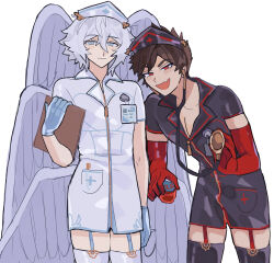 Rule 34 | 2boys, absurdres, angel, angel wings, belial (granblue fantasy), bishounen, black thighhighs, blue eyes, blue gloves, brown hair, clipboard, commentary, cowboy shot, crossdressing, elbow gloves, english commentary, fang, feathered wings, garter straps, gloves, granblue fantasy, grin, hair between eyes, hat, highres, holding, holding clipboard, holding jar, jar, leaning forward, light smile, lucifer (shingeki no bahamut), male focus, messy hair, minkyrats, multiple boys, nurse, nurse cap, red eyes, red gloves, skin fang, smile, stethoscope, thighhighs, white hair, white thighhighs, white wings, wings, zipper pull tab