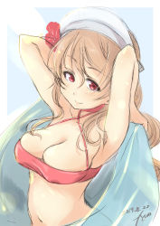 Rule 34 | 1girl, armpits, bikini, breasts, brown eyes, brown hair, cleavage, commentary request, criss-cross halter, dated, flower, fyuo, hair flower, hair ornament, halterneck, headdress, highres, kantai collection, large breasts, littorio (kancolle), long hair, looking at viewer, navel, one-hour drawing challenge, ponytail, red bikini, solo, swimsuit, upper body, wavy hair