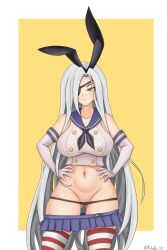 Rule 34 | 1girl, :3, absurdres, alchemist (girls&#039; frontline), animal ear hairband, animal ears, bare shoulders, black hairband, black neckerchief, black panties, blue sailor collar, blue skirt, blush, border, closed mouth, clothes pull, commentary, commission, cosplay, cowboy shot, crop top, elbow gloves, english commentary, eyepatch, fake animal ears, girls&#039; frontline, gloves, hairband, hands on own hips, highleg, highres, kantai collection, kentumatsu, long hair, looking at viewer, microskirt, navel, neckerchief, panties, panty pull, rabbit ear hairband, rabbit ears, sailor collar, sangvis ferri, shimakaze (kancolle), shimakaze (kancolle) (cosplay), simple background, skindentation, skirt, skirt pull, smile, solo, stomach, striped clothes, striped thighhighs, thighhighs, twitter username, underwear, very long hair, white border, white gloves, white hair, yellow background, yellow eyes