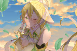 Rule 34 | 1girl, ;), armor, blonde hair, blue sky, blurry, blurry background, breastplate, breasts, cleavage, closed mouth, cloud, day, detached sleeves, floating hair, green eyes, hair between eyes, hair tubes, large breasts, leafa (terraria), long hair, looking at viewer, nina sukinamono, one eye closed, outdoors, ponytail, sidelocks, sky, smile, solo, sword art online, upper body, very long hair