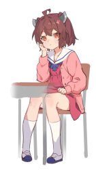 Rule 34 | 1girl, ahoge, brown hair, buttons, cardigan, chair, closed mouth, desk, dress, full body, hair between eyes, headgear, highres, open cardigan, open clothes, orange eyes, pink cardigan, red dress, sailor collar, sailor dress, school chair, school desk, shoes, short hair, simple background, sitting, socks, solo, touhoku kiritan, two side up, voiceroid, white background, white sailor collar, white socks, yamamomo (plank)