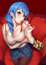 Rule 34 | 1girl, arm under breasts, blue hair, blue skirt, blush, bra, breast lift, breasts, brown pantyhose, chair, cleavage, collarbone, crossed bangs, crossed legs, earrings, food, from above, grey sweater, hair between eyes, head tilt, holding, holding food, jewelry, large breasts, long hair, looking at viewer, minori (sugarbeat), nail polish, o-ring, off-shoulder, off-shoulder sweater, off shoulder, original, pantyhose, parted lips, pencil skirt, pink nails, red background, red bra, sidelocks, sitting, skirt, solo, stud earrings, sugarbeat, sweater, toppo, underwear, valentine, wavy hair