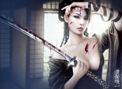 Rule 34 | 1girl, blood, breasts, cleavage, japanese clothes, katana, kimono, lips, mario wibisono, original, solo, sword, weapon