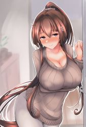 Rule 34 | 1girl, against wall, blurry, blurry background, blush, breasts, brown hair, cardigan, cleavage, closed mouth, collarbone, cowboy shot, female focus, grey pants, grey sweater, hair between eyes, hair intakes, heart, heart-shaped pupils, highres, indoors, kantai collection, large breasts, leaning, lips, long hair, long sleeves, looking at viewer, nose blush, ootori subaru, open cardigan, open clothes, pants, ponytail, purple eyes, ribbed sweater, sidelocks, solo, suggestive fluid, sweater, symbol-shaped pupils, upper body, very long hair, yamato (kancolle)
