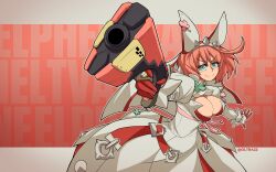 Rule 34 | 1girl, absurdres, ahoge, animal ears, blue eyes, blush, breasts, bridal veil, character name, cleavage cutout, clothing cutout, clover, dress, elphelt valentine, four-leaf clover, gloves, guilty gear, guilty gear xrd, gun, hairband, headband, highres, holding, holding gun, holding weapon, huge ahoge, juliet sleeves, large breasts, long sleeves, looking at viewer, medium hair, oltra22, pink hair, puffy sleeves, smile, spiked hairband, spikes, veil, weapon, wedding dress, white dress, white gloves, white headband