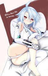 Rule 34 | &gt;:o, 10s, 1girl, :o, absurdres, ahoge, annoyed, ass, bare shoulders, barefoot, bed, blanc (neptunia), blue hair, blush, bodysuit, dutch angle, elbow gloves, embarrassed, flat chest, flipped hair, full body, gauntlets, gloves, hair between eyes, haru blanc0316, highres, hugging own legs, leotard, long hair, looking at viewer, lying, magical girl, neptune (series), no nose, nose blush, on bed, on side, open mouth, parted lips, power symbol, power symbol-shaped pupils, red eyes, short hair with long locks, sidelocks, single gauntlet, single thighhigh, solo, symbol-shaped pupils, thighhighs, thighs, turtleneck, twitter username, v-shaped eyebrows, white gloves, white heart (neptunia), white thighhighs