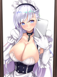Rule 34 | 1girl, azur lane, belfast (azur lane), blue eyes, blush, braid, breasts, buttons, chain, choker, commentary request, eyebrows, framed, frilled gloves, frills, gloves, unworn gloves, gradient hair, highres, large breasts, long hair, maid, maid headdress, multicolored hair, selfie, smile, solo, untue, white gloves, white hair