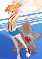Rule 34 | 1girl, armpits, bare legs, bare shoulders, creatures (company), denim, denim shorts, game freak, gen 1 pokemon, green eyes, holding, holding poke ball, legs, looking at viewer, midriff, misty (pokemon), navel, nintendo, orange hair, poke ball, pokemon, pokemon (anime), shiny skin, shoes, short sidetail, shorts, simple background, sleeveless, sneakers, solo, staryu, suspenders