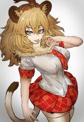 Rule 34 | 1girl, absurdres, adeshi (adeshi0693119), animal ears, brown eyes, brown hair, extra ears, grey background, highres, kemono friends, lion (kemono friends), lion ears, lion girl, lion tail, long hair, looking at viewer, necktie, scarf, shirt, simple background, skirt, solo, tail, thighhighs