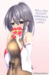 Rule 34 | 10s, 1girl, alternate hairstyle, apron, black hair, blush, box, breasts, candy, chocolate, chocolate heart, commentary request, detached sleeves, food, gift, gift box, hair ornament, hairclip, hard-translated, haruna (kancolle), heart, heart-shaped box, highres, holding, holding gift, kantai collection, large breasts, long hair, looking at viewer, natsuya (pucelle), nontraditional miko, ponytail, solo, third-party edit, translated, twitter username, valentine, wide sleeves