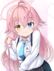 Rule 34 | 1girl, :3, ahoge, blue archive, breast pocket, collared shirt, commentary request, hair between eyes, halo, heterochromia, highres, hoshino (blue archive), id card, long hair, long sleeves, looking at viewer, mochizuki hull, necktie, pink hair, playing with own hair, pleated skirt, pocket, school uniform, shirt, shoulder strap, sidelocks, simple background, skirt, smile, solo