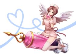 Rule 34 | 1girl, aerith gainsborough, alternate costume, breasts, brown hair, buttons, closed mouth, dress, final fantasy, final fantasy vii, full body, green eyes, hair intakes, hands up, hat, heart, heart hands, heart of string, long hair, medium breasts, nurse, nurse cap, oversized object, pink dress, pink footwear, pink hat, puffy short sleeves, puffy sleeves, sasanomesi, short dress, short sleeves, smile, solo, syringe, thighhighs, white background, white thighhighs, white wings, wings