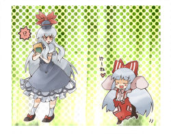 Rule 34 | !?, 2girls, :3, arms up, bad id, bad pixiv id, blush, bow, chachi, chachi (azuzu), artistic error, closed eyes, female focus, fujiwara no mokou, hair bow, hat, heart, kamishirasawa keine, long hair, multiple girls, outstretched arms, oversized clothes, running, silver hair, suspenders, touhou, aged down