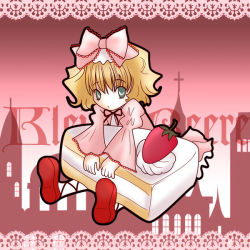 Rule 34 | 00s, 1girl, blonde hair, bow, cake, food, fruit, green eyes, hair bow, hinaichigo, juliet sleeves, long sleeves, looking at viewer, name connection, object namesake, pink background, pink bow, pink shirt, pink theme, puffy sleeves, red footwear, rozen maiden, shirt, shoes, short hair, sitting, solo, strawberry, strawberry shortcake