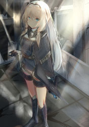 Rule 34 | 1girl, absurdres, an-94, an-94 (girls&#039; frontline), assault rifle, black gloves, blonde hair, blue eyes, blush, boots, braid, breasts, broken glass, buckle, cloak, closed mouth, girls&#039; frontline, glass, gloves, gun, hair between eyes, hair ribbon, hairband, highres, holding, jacket, knee boots, light rays, long hair, long sleeves, looking at viewer, multiple straps, parted lips, ribbon, rifle, ruins, septet (zrca janne), shattered, short shorts, shorts, sidelocks, silver hair, tactical clothes, thigh strap, thighs, tress ribbon, weapon