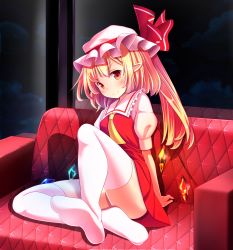 Rule 34 | &gt;:), 1girl, bad id, bad pixiv id, blonde hair, cloud, couch, flandre scarlet, gradient background, hat, highres, indoors, long hair, naughty face, no shoes, oimo (imoyoukan), pointy ears, puffy short sleeves, puffy sleeves, red eyes, red upholstery, shadow, short sleeves, side ponytail, sitting, smile, solo, striped, striped background, thighhighs, thighs, touhou, v-shaped eyebrows, white thighhighs, window, wings
