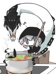 Rule 34 | 0 0, 10s, 1girl, abyssal ship, animalization, bad food, binoculars, blush stickers, box, cardboard box, chibi, cooking, goma (gomasamune), hamster, hood, hooded jacket, jacket, kantai collection, monster, musical note, pale skin, pot, purple eyes, re-class battleship, seal (animal), shimakaze (kancolle), shimakaze (seal), sleeves past wrists, tail, turret, white hair, yukikaze (hamster), yukikaze (kancolle)