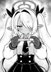 Rule 34 | 1girl, anger vein, blue archive, blush, breath, collared shirt, commentary, gloves, greyscale, hair over one eye, halo, heart, high-waist skirt, highres, implied pregnancy, iori (blue archive), long hair, long sleeves, monochrome, naga u, necktie, parted lips, pointy ears, pregnancy test, puffy long sleeves, puffy sleeves, shirt, skirt, solo, spot color, sweat, symbol-only commentary, twintails, very long hair, wavy mouth