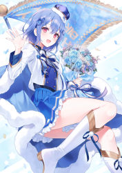 Rule 34 | 1girl, a20 (atsumaru), blue flower, blue hair, blue ribbon, blue rose, blue skirt, blue theme, boots, bouquet, bow, bowtie, clothing request, commentary request, floating, flower, frilled skirt, frills, hair between eyes, hair flower, hair ornament, hand up, hat, hat flower, hat ornament, highres, holding, holding bouquet, long sleeves, looking at viewer, open mouth, original, red eyes, ribbon, rose, short hair, skirt, smile, solo, white footwear