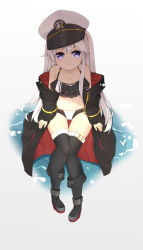 Rule 34 | 1girl, absurdres, aged down, azur lane, bad id, bad pixiv id, bare shoulders, belt, belt buckle, bikini, bikini under clothes, black bikini, black coat, black footwear, black thighhighs, blush, boots, buckle, closed mouth, coat, collarbone, enterprise (azur lane), full body, gluteal fold, gradient background, grey background, hat, highres, knee boots, layered bikini, leg belt, long hair, long sleeves, looking at viewer, military hat, navel, off shoulder, open clothes, open coat, peaked cap, purple eyes, qingye ling, silver hair, sitting, sleeves past wrists, solo, star (symbol), swimsuit, thighhighs, tilted headwear, very long hair, water, white background, white belt, white hat