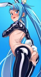Rule 34 | 1girl, absurdres, animal ears, ass, back, bare back, blue eyes, blue hair, blush, breasts, censored, commission, covering ass, covering privates, embarrassed, fake animal ears, fake tail, highres, hirogaru sky! precure, long hair, looking at viewer, looking back, meme attire, mosaic censoring, ogi non, open mouth, precure, rabbit ears, reverse bunnysuit, reverse outfit, shrug (clothing), skeb commission, small breasts, solo, sora harewataru, tail, very long hair, wing hair ornament, wrist cuffs