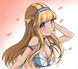 Rule 34 | 1girl, bikini, blonde hair, blue hairband, breasts, cleavage, commentary request, double bun, fletcher (kancolle), fletcher mk ii (kancolle), gradient background, hair bun, hair ornament, hairband, highres, kantai collection, large breasts, long hair, looking at viewer, nanaba (7leaves), purple eyes, red background, smile, solo, star (symbol), star hair ornament, swimsuit, upper body, white background, white bikini