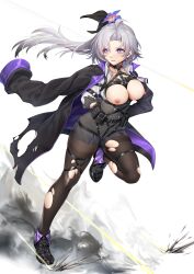 Rule 34 | 1girl, absurdres, ahoge, apc9k (girls&#039; frontline), bdsm, black pantyhose, bondage, bound, breasts, breasts out, cleavage, commission, flower, full body, gag, girls&#039; frontline, grey hair, hair flower, hair ornament, harness, highres, jacket, jacket on shoulders, large breasts, long hair, medium breasts, nipples, pantyhose, ray (pixiv9514208), restrained, running, second-party source, smoke, solo, thighband pantyhose, torn clothes, torn jacket, torn pantyhose