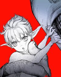 Rule 34 | 2boys, berserk, clenched teeth, commentary, greyscale with colored background, highres, holding, male focus, mini person, miniboy, multiple boys, nisino2222, pointy ears, puck (berserk), red background, teeth