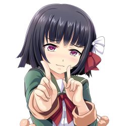 Rule 34 | 1girl, black hair, blush, bow, green jacket, hair ribbon, highres, ishigaki (kancolle), jacket, kantai collection, koi dance, long sleeves, looking at viewer, purple eyes, red bow, ribbon, short hair, simple background, solo, tk8d32, white background, white bow