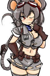 Rule 34 | 1girl, alternate costume, animal ears, blush, breasts, cleavage, female focus, fingerless gloves, gloves, goggles, goggles on head, grey hair, hand on own hip, large breasts, midriff, mouse ears, mouse tail, navel, nazrin, okiraku nikku, one eye closed, panties, red eyes, short hair, solo, striped clothes, striped panties, tail, thighhighs, touhou, underwear, wink, zettai ryouiki