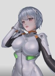 Rule 34 | 1girl, ayanami rei, blue hair, bodysuit, breasts, covered erect nipples, highres, large breasts, lips, maboroshi yuki shiro, neon genesis evangelion, parted lips, red eyes, short hair, skin tight, solo