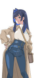 Rule 34 | 1girl, bag, blue eyes, blue hair, blunt bangs, breasts, carrying bag, colored inner hair, contrapposto, denim, hand on own hip, handbag, high-waist pants, highres, hololive, hololive english, jacket, jeans, kannana, large breasts, long hair, looking at viewer, multicolored hair, official alternate costume, open clothes, open jacket, ouro kronii, ouro kronii (casual), pants, shoulder bag, simple background, smile, solo, standing, virtual youtuber, white background