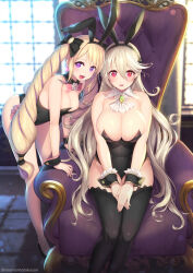 Rule 34 | 2girls, alternate breast size, alternate costume, animal ears, armchair, bare shoulders, bent over, black leotard, black thighhighs, blonde hair, bow, bowtie, breasts, brooch, chair, cleavage, corrin (female) (fire emblem), corrin (fire emblem), detached collar, drill hair, elise (fire emblem), fake animal ears, fake tail, fire emblem, fire emblem fates, hair over one eye, high heels, highres, jewelry, kashiwamochi yomogi, large breasts, leotard, long hair, looking at viewer, multicolored hair, multiple girls, nintendo, open mouth, playboy bunny, pointy ears, purple eyes, purple hair, rabbit ears, rabbit tail, red eyes, sitting, smile, standing, strapless, strapless leotard, tail, thighhighs, throne, tiara, twin drills, twintails, white hair, wrist cuffs
