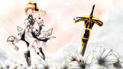 Rule 34 | 1girl, ahoge, armor, armored dress, artoria pendragon (fate), bare shoulders, blonde hair, caliburn (fate), capcom, detached sleeves, dress, fate/stay night, fate/unlimited codes, fate (series), flower, gauntlets, green eyes, hair ribbon, highres, lilies, lily (flower), mayura 90, ponytail, ribbon, saber (fate), saber lily, solo, sword, thighhighs, weapon