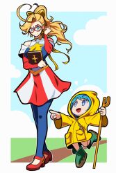 2girls ahoge american_flag american_flag_print bare_shoulders bible_(object) blonde_hair blue_eyes blue_hair blue_sky book boots bow cloud cloudy_sky collar cross dirty_footwear earrings eye_mask flag_print full_body gold_bow grass green_footwear hair_bow height_difference highres holding holding_book hood hood_up hoodie jewelry jubilee_2025 kamen_america kamen_america_(comic) long_sleeves looking_at_another luce_(jubilee_2025) mask multiple_girls open_mouth pointing pointing_forward ponytail raincoat red_footwear road short_hair sky star_(symbol) star_earrings superhero_costume walking yellow_raincoat