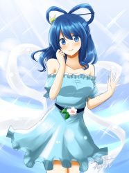 Rule 34 | 1girl, alternate hair length, alternate hairstyle, arms up, artist name, belt, blue background, blue dress, blue eyes, blue hair, blush, breasts, collarbone, commentary request, contrapposto, dated, detached sleeves, dress, flower, hagoromo, hair between eyes, hair ornament, hair rings, hair stick, hand on own face, head tilt, hisin, kaku seiga, large breasts, looking at viewer, medium hair, off-shoulder dress, off shoulder, puffy short sleeves, puffy sleeves, shawl, short sleeves, sketch, solo, sparkle background, standing, touhou