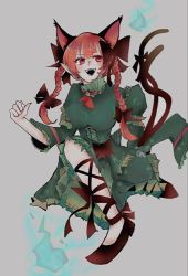 Rule 34 | 1girl, :d, animal ears, bow, braid, cat ears, dress, green dress, grey background, hair bow, kaenbyou rin, koronechaso, leg ribbon, looking up, nekomata, open mouth, perspective, red eyes, red hair, ribbon, simple background, smile, solo, touhou, twin braids