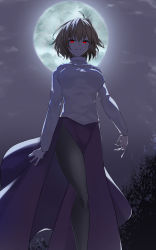 Rule 34 | 1girl, absurdres, antenna hair, arcueid brunestud, black pantyhose, blonde hair, breasts, bureoeve, commentary request, cross, cross necklace, evil smile, highres, jewelry, large breasts, long sleeves, looking at viewer, melty blood, melty blood: type lumina, moon, necklace, night, night sky, outdoors, pantyhose, purple skirt, red arcueid, red eyes, short hair, skirt, sky, smile, solo, sweater, tsukihime, tsukihime (remake), turtleneck, turtleneck sweater, white sweater