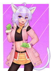 Rule 34 | 1girl, :d, absurdres, ahoge, animal ear fluff, animal ears, belt, black belt, black pantyhose, black shirt, breasts, cat ears, cat girl, cat tail, clenched hands, coat, commentary request, cosplay, cowboy shot, crop top, fur-trimmed coat, fur-trimmed sleeves, fur trim, gloves, green gloves, hair between eyes, hand up, highres, hololive, long sleeves, looking at viewer, m172/minatsu, medium breasts, midriff, navel, nekomata okayu, open clothes, open coat, open mouth, orange scarf, pantyhose, paw pose, pink coat, purple background, purple eyes, purple hair, ribbed shirt, rune factory, rune factory 3, scarf, shirt, short hair, sidelocks, skirt, smile, solo, standing, tail, toona, toona (cosplay), virtual youtuber, yellow skirt