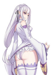 Rule 34 | 10s, 1girl, ass, bare shoulders, blunt bangs, braid, breasts, closed mouth, clothes lift, clothing cutout, cowboy shot, crown braid, dress, emilia (re:zero), flower, frills, from side, frown, hair flower, hair ornament, hair ribbon, lifted by self, long hair, long sleeves, looking at viewer, looking back, low-tied long hair, medium breasts, miniskirt, panties, pleated skirt, pointy ears, purple eyes, re:zero kara hajimeru isekai seikatsu, ribbon, rose, shoulder cutout, sidelocks, silver hair, simple background, skirt, skirt lift, small breasts, solo, standing, streamingsun, thighhighs, thighs, underwear, upskirt, very long hair, white background, white dress, white panties, white theme, white thighhighs, wide sleeves