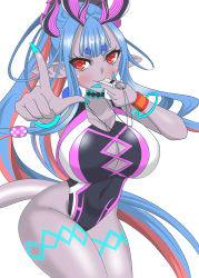Rule 34 | 1girl, :&gt;, aqua hair, artist request, black one-piece swimsuit, breast cutout, breasts, cleavage cutout, clothing cutout, colored inner hair, colored skin, curvy, fate/grand order, fate (series), fingernails, green nails, grey skin, highleg, highleg swimsuit, highres, horns, ibuki douji (fate), ibuki douji (swimsuit berserker) (fate), long hair, looking at viewer, multicolored hair, nail polish, one-piece swimsuit, oni horns, pink hair, pink one-piece swimsuit, ponytail, red eyes, shiny skin, simple background, swimsuit, two-tone hair, two-tone swimsuit, very long hair, whistle, white background, wide hips