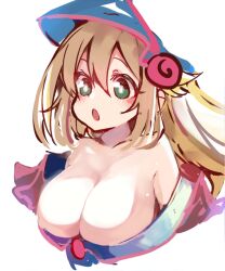 Rule 34 | 1girl, bare shoulders, blonde hair, blue headwear, blush, breasts, cleavage, collarbone, cropped torso, dark magician girl, duel monster, green eyes, hair between eyes, large breasts, long hair, looking away, open mouth, simple background, solo, sukima (crie), upper body, white background, yu-gi-oh!, yu-gi-oh! duel monsters
