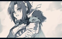 1girl asymmetrical_clothes black_hair breasts cleavage cleavage_cutout clothing_cutout fire_emblem fire_emblem_engage fur_trim greyscale highres ku_ra_41 limited_palette looking_to_the_side medium_breasts monochrome nel_(fire_emblem) nintendo open_mouth short_hair solo tears teeth upper_teeth_only