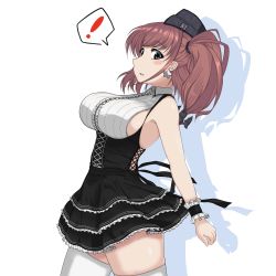 Rule 34 | !, 1girl, adapted costume, anchor hair ornament, arched back, atlanta (kancolle), black dress, black hat, breasts, brown hair, commentary request, cowboy shot, dress, earrings, frilled dress, frills, garrison cap, grey eyes, hair ornament, hat, highres, jewelry, kantai collection, kinakomochi (testament05), large breasts, long hair, shirt, simple background, skirt, sleeveless, sleeveless shirt, solo, spoken exclamation mark, star (symbol), star earrings, striped clothes, striped skirt, thighhighs, two side up, white background, white shirt, white thighhighs, wrist cuffs