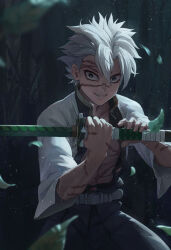 Rule 34 | 1boy, belt, black eyes, demon slayer uniform, facial scar, fighting stance, fingernails, grin, haori, highres, holding, holding sword, holding weapon, japanese clothes, katana, kimetsu no yaiba, leaf, looking at viewer, male focus, naxile, night, outdoors, scar, scar on arm, scar on cheek, scar on chest, scar on face, scar on forehead, scar on nose, shinazugawa sanemi, short hair, smile, solo, sword, teeth, unbuttoned, weapon, white belt, white hair, wide-eyed
