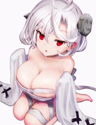 Rule 34 | 1girl, ahoge, azur lane, bandages, bare shoulders, blush, bolt, breasts, detached sleeves, hair over one eye, halloween costume, large breasts, red eyes, short hair, sleeves past wrists, solo, stitches, terror (azur lane), terror (halloween terror) (azur lane), west 24, white hair